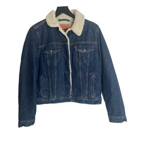 Women’s Levi's Trucker Jacket Sherpa Lined Denim Jean Med Wash Size Lg Cowgirl